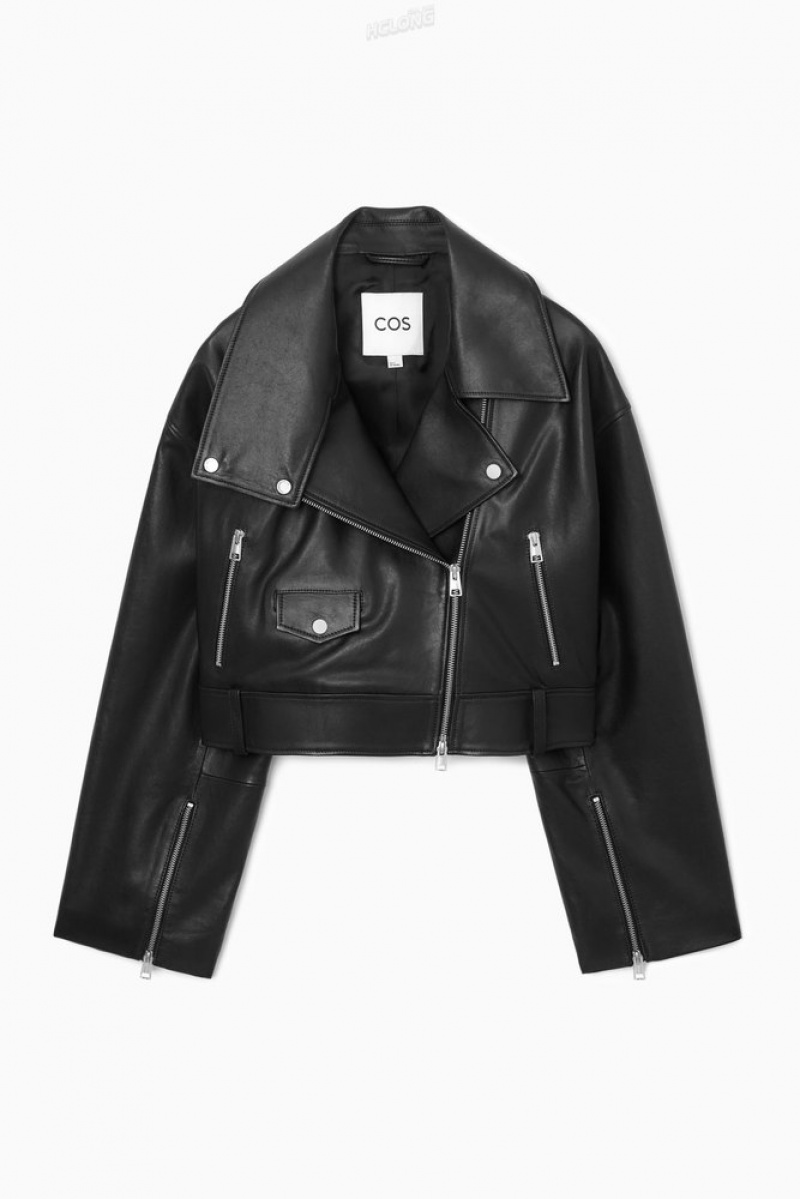 Black COS Oversized Cropped Leather Biker Jacket Coats & Jackets | ZD67-A4AE