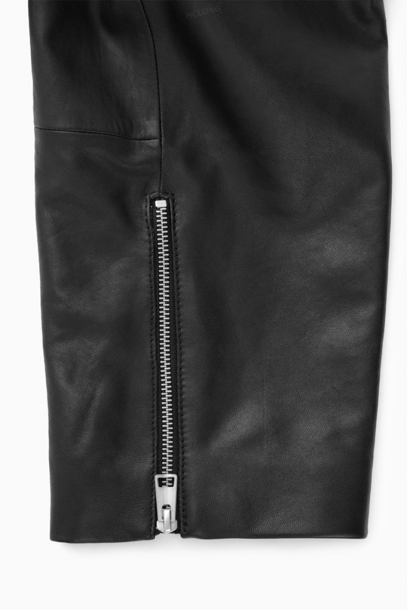 Black COS Oversized Cropped Leather Biker Jacket Coats & Jackets | ZD67-A4AE