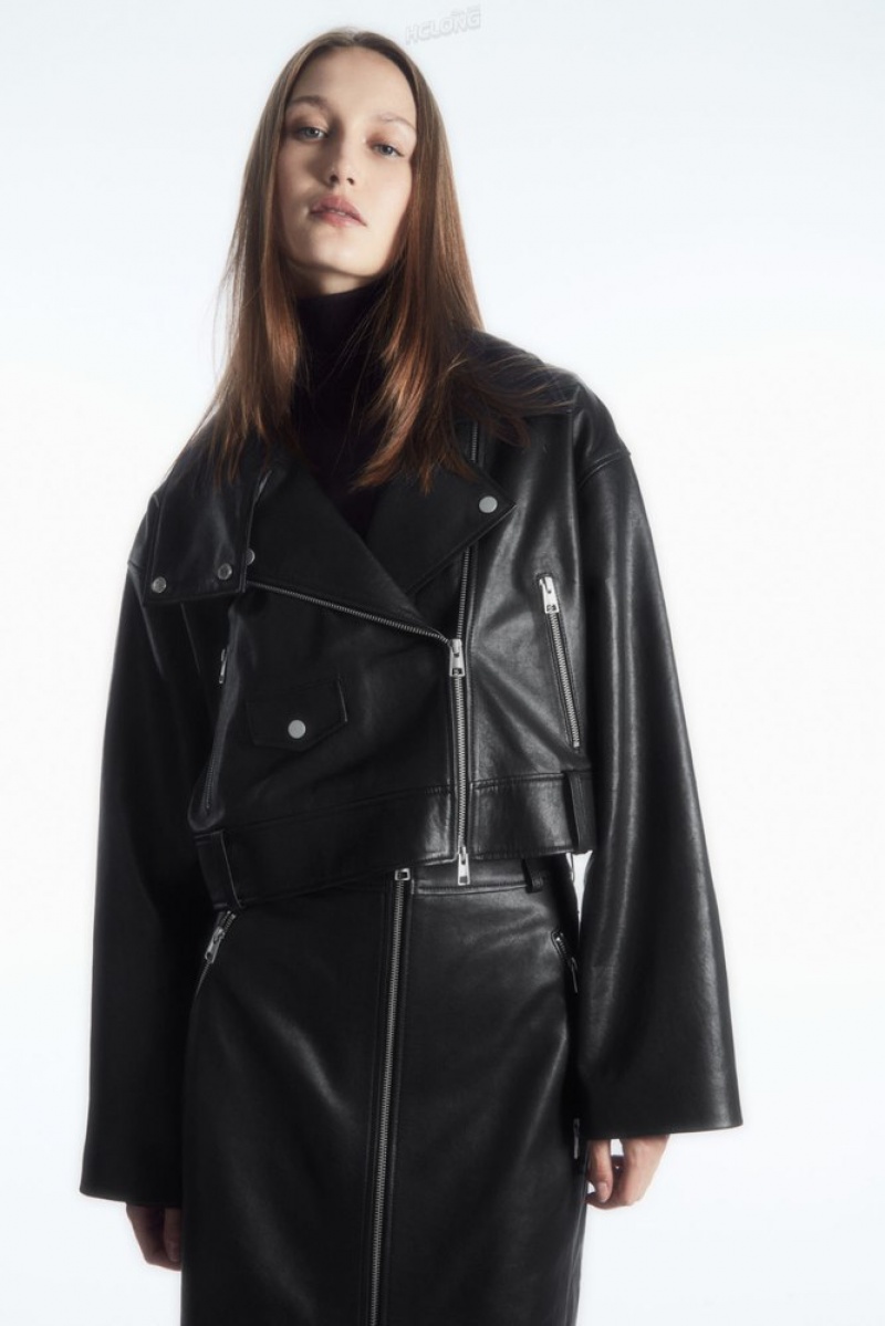 Black COS Oversized Cropped Leather Biker Jacket Coats & Jackets | ZD67-A4AE