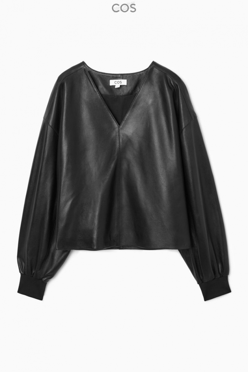 Black COS Oversized V-Neck Leather Top Tops | DI17-W3TI