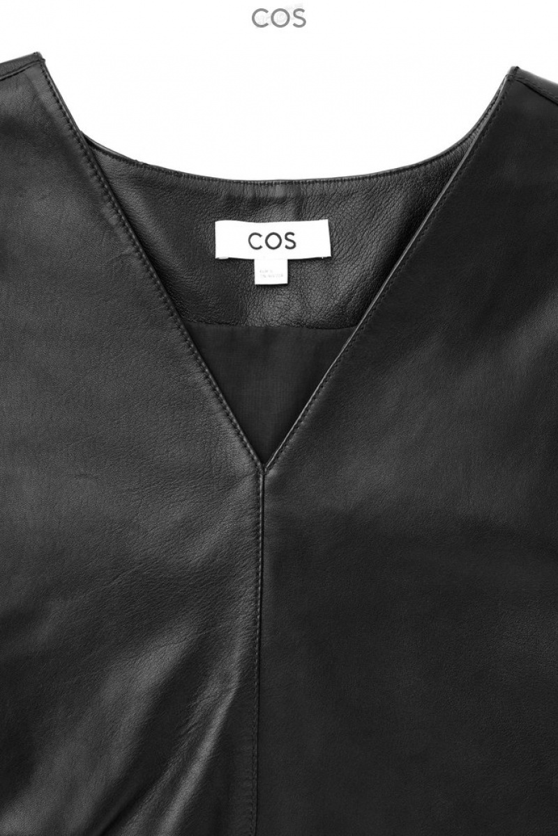 Black COS Oversized V-Neck Leather Top Tops | DI17-W3TI