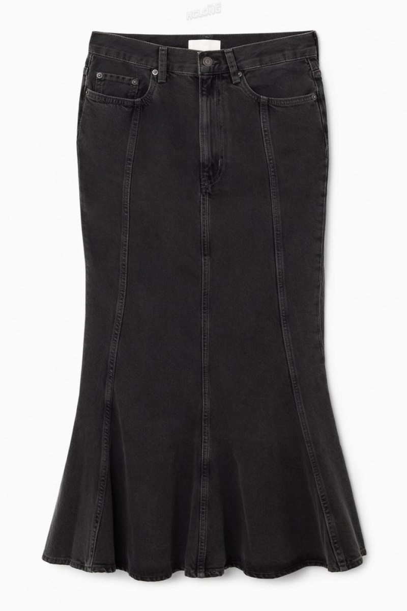 Black COS Paneled Flared Denim Skirt Skirts | NF11-I9XY