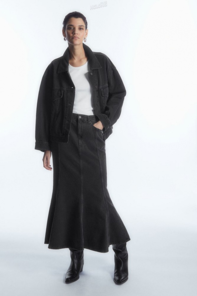 Black COS Paneled Flared Denim Skirt Skirts | NF11-I9XY