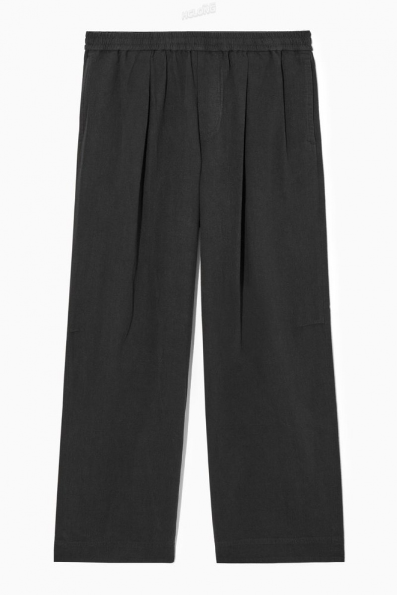 Black COS Pleated Wide-Leg Chambray Trousers Trousers | UU71-P6AT