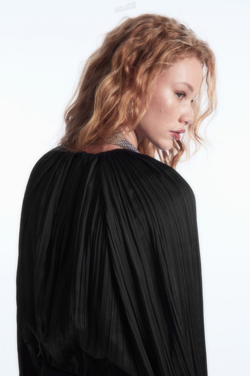 Black COS Plissé Long-Sleeved Blouse Tops | WD39-G6NN