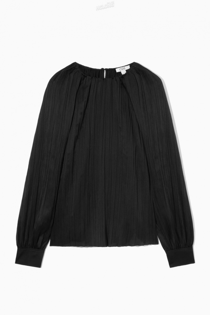 Black COS Plissé Long-Sleeved Blouse Tops | WD39-G6NN