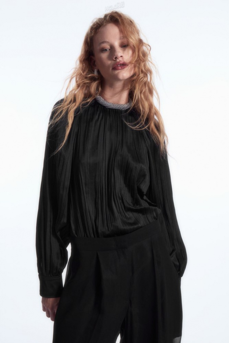 Black COS Plissé Long-Sleeved Blouse Tops | WD39-G6NN