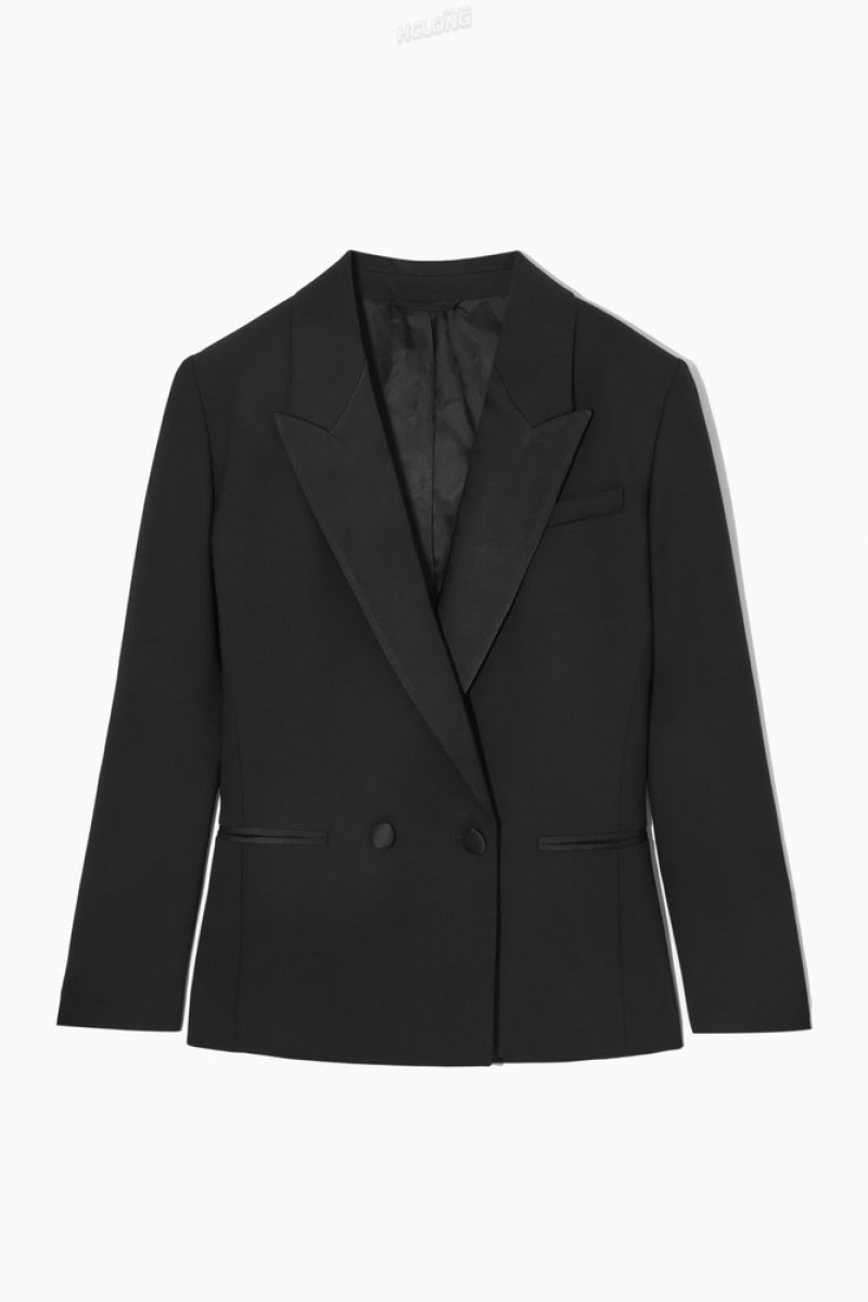 Black COS Power-Shoulder Wool Tuxedo Blazer Blazers & Tailoring | MJ46-C6JL