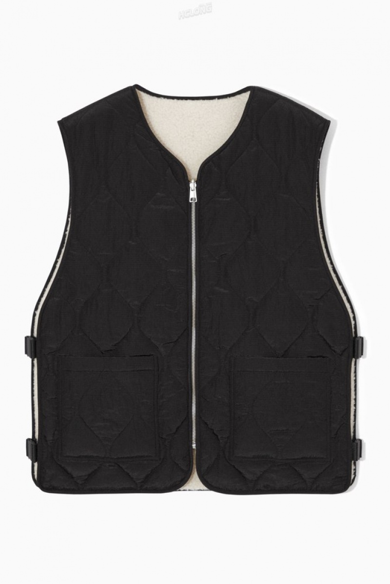 Black COS Reversible Fleece-Lined Utility Vest Tops | QM73-O8WT