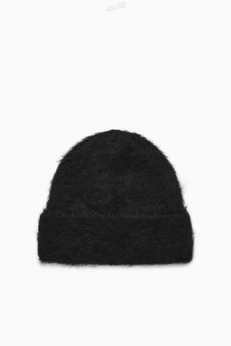 Black COS Ribbed Mohair Beanie Hats | BX29-W8VG