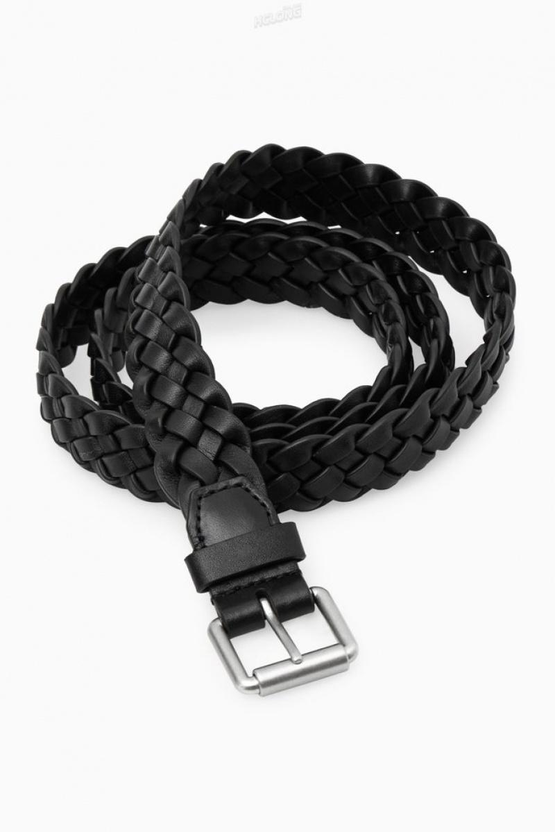 Black COS Slim Woven Leather Belt Belts | KC37-D0EN