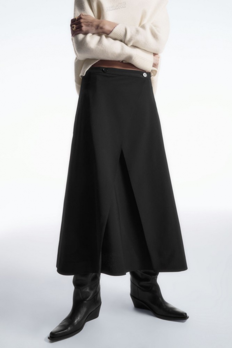 Black COS Tailored Wool Midi Wrap Skirt Skirts | XF84-W8KM