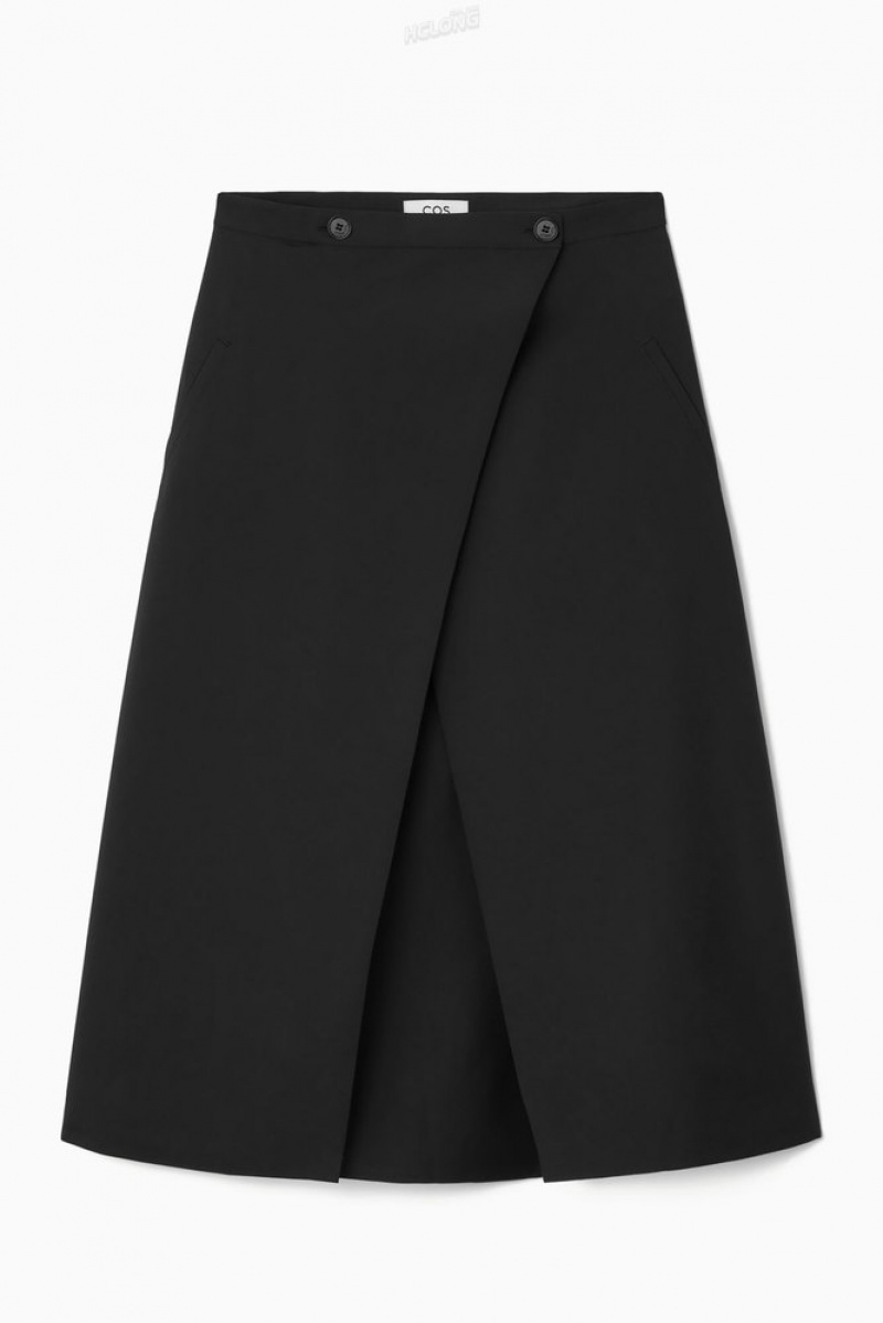 Black COS Tailored Wool Midi Wrap Skirt Skirts | XF84-W8KM