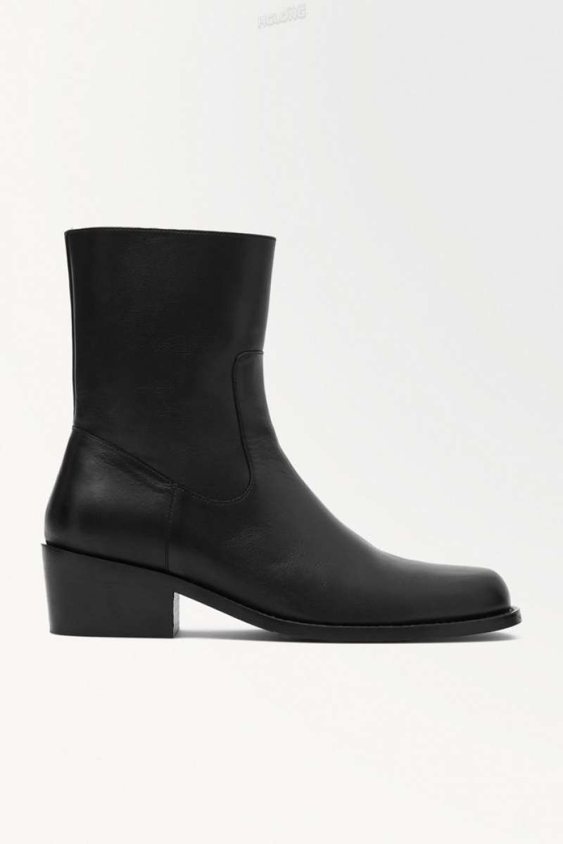 Black COS The Heeled Leather Boots Boots | DL64-N2VY