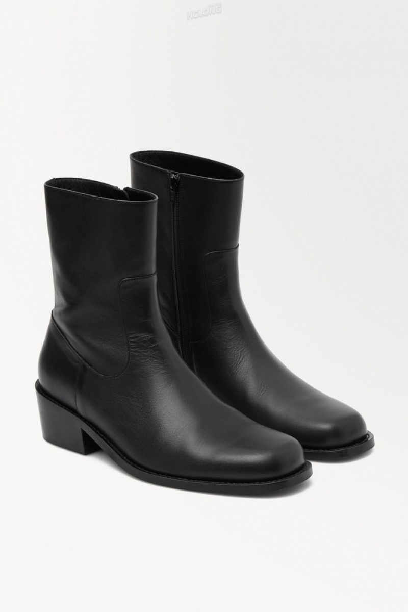 Black COS The Heeled Leather Boots Boots | DL64-N2VY