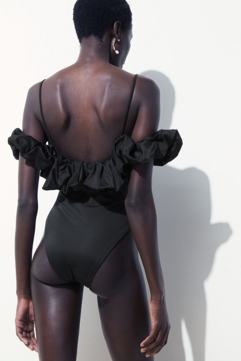 Black COS The Ruffled Swimsuit Swimwear | ET57-P7BE