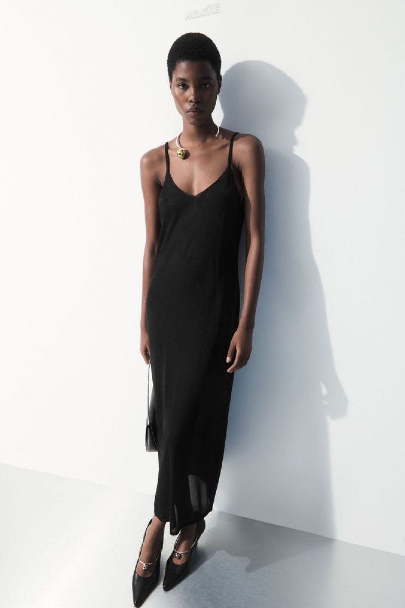 Black COS The Sheer Knitted Slip Dress Dresses | UV31-N9AA