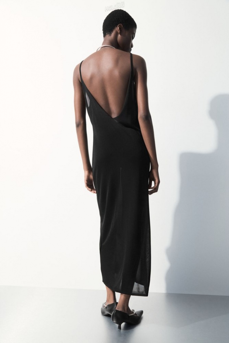 Black COS The Sheer Knitted Slip Dress Dresses | UV31-N9AA