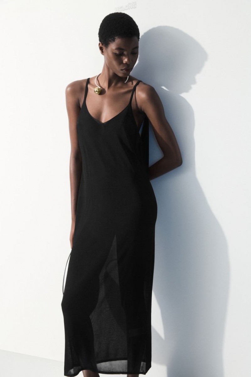 Black COS The Sheer Knitted Slip Dress Dresses | UV31-N9AA