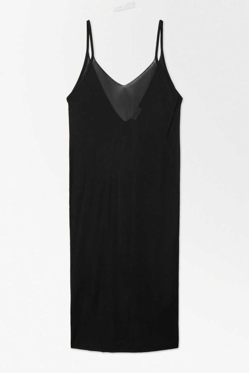 Black COS The Sheer Knitted Slip Dress Dresses | UV31-N9AA