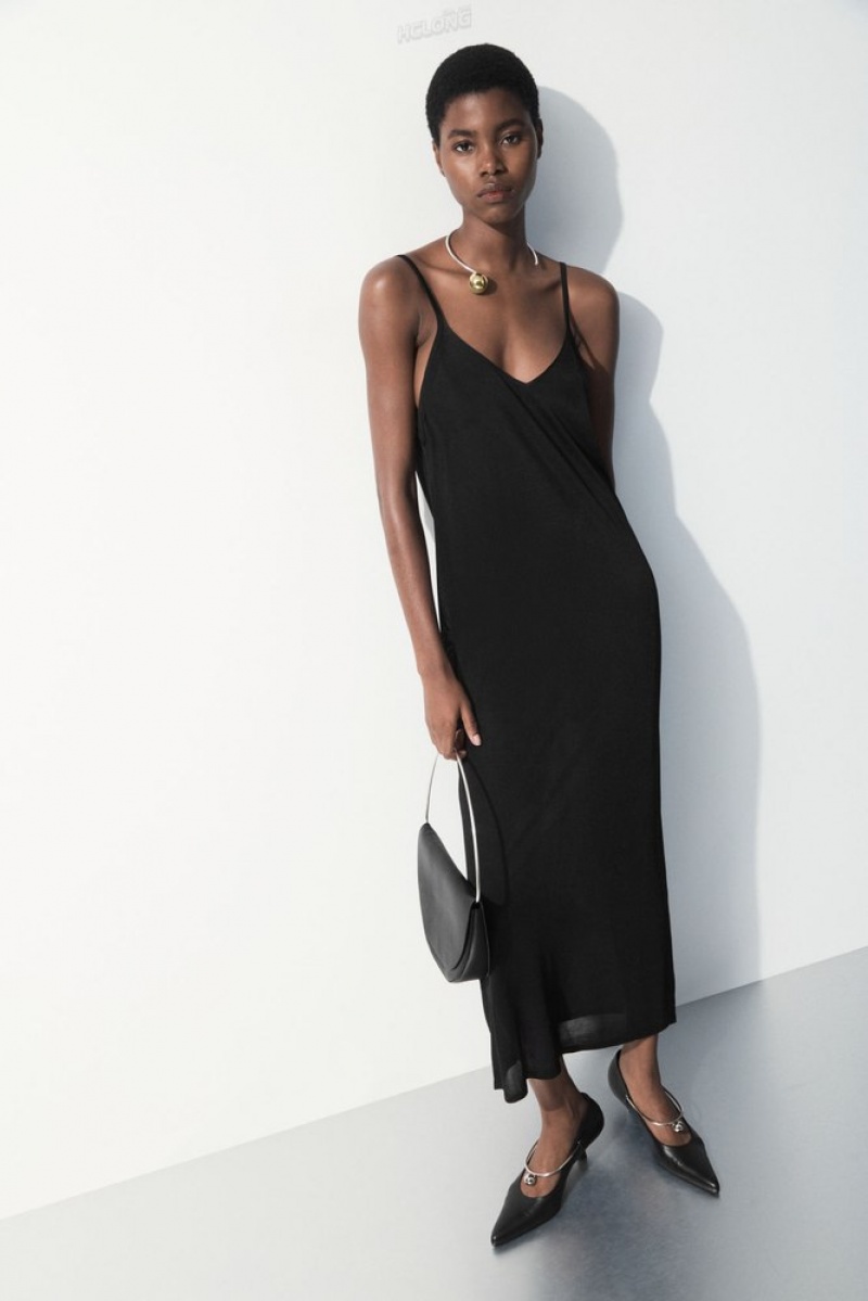 Black COS The Sheer Knitted Slip Dress Dresses | UV31-N9AA