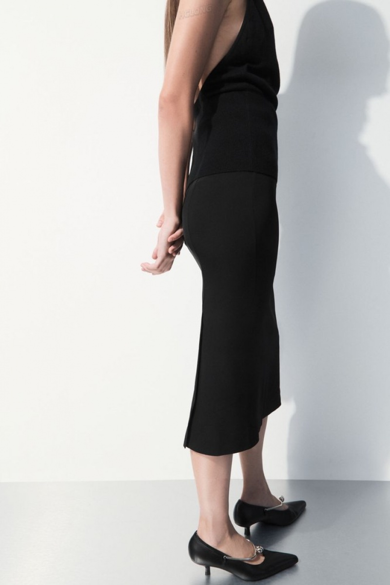 Black COS The Tailored Silk-Blend Midi Skirt Skirts | WJ58-I7NJ