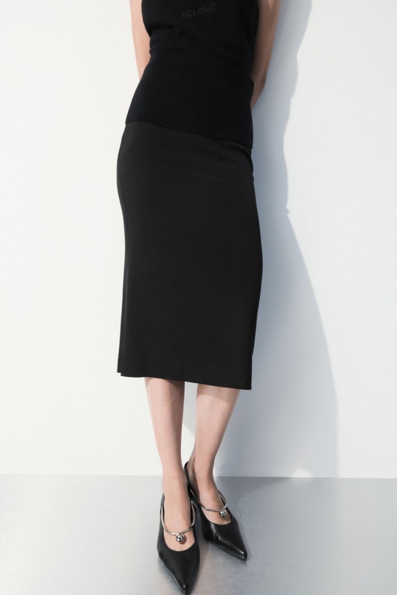 Black COS The Tailored Silk-Blend Midi Skirt Skirts | WJ58-I7NJ