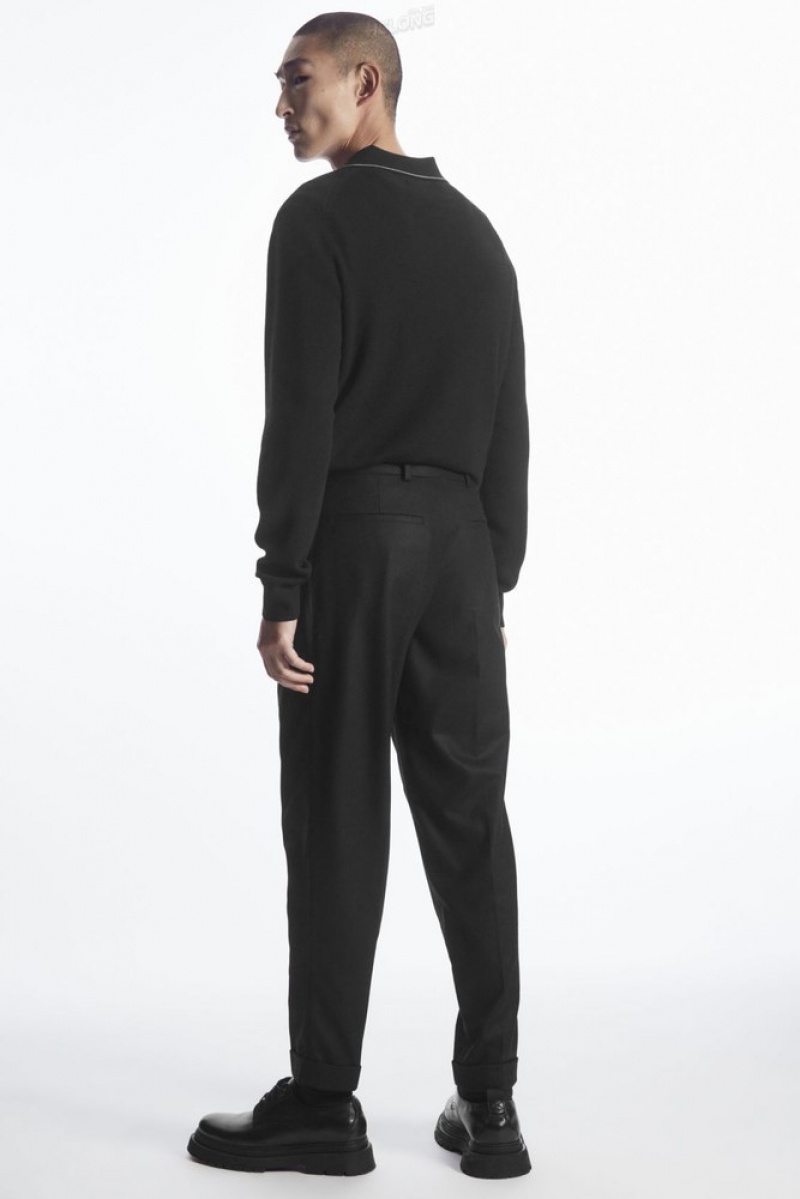 Black COS Turn-Up Tapered Wool Trousers Trousers | WH05-X8QN