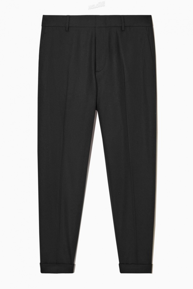 Black COS Turn-Up Tapered Wool Trousers Trousers | WH05-X8QN