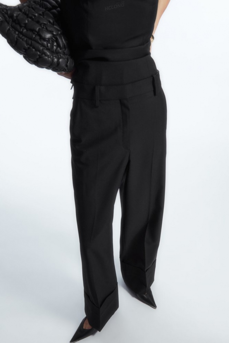 Black COS Turn-Up Wide-Leg Wool Chinos Trousers | JA55-L7CA