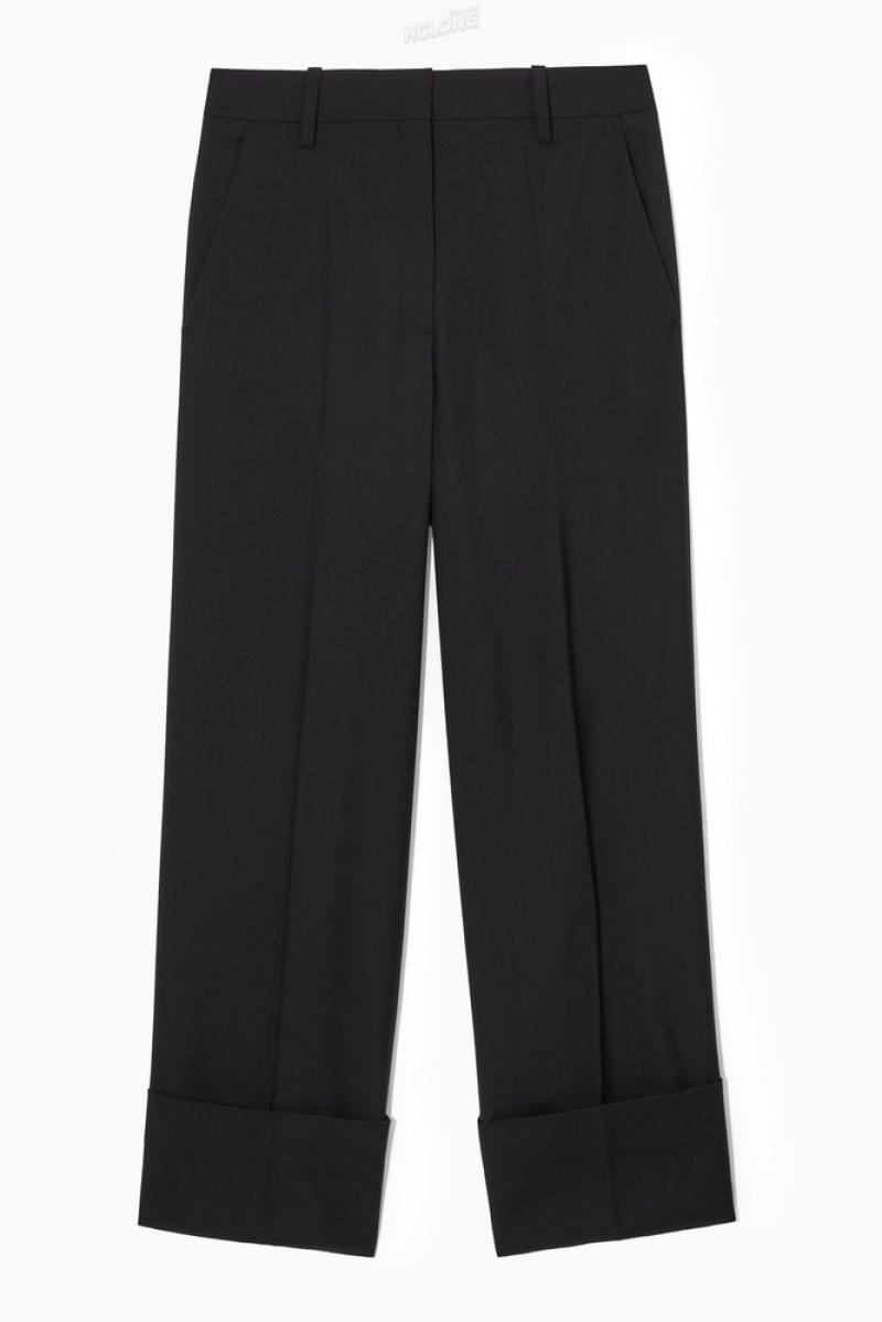 Black COS Turn-Up Wide-Leg Wool Chinos Trousers | JA55-L7CA