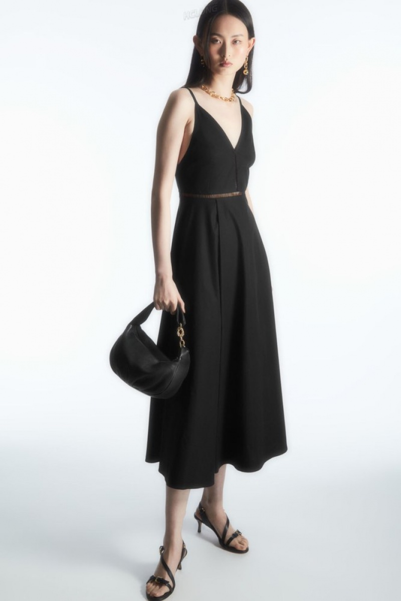 Black COS V-Neck Midi Slip Dress Dresses | UV99-Y1KJ