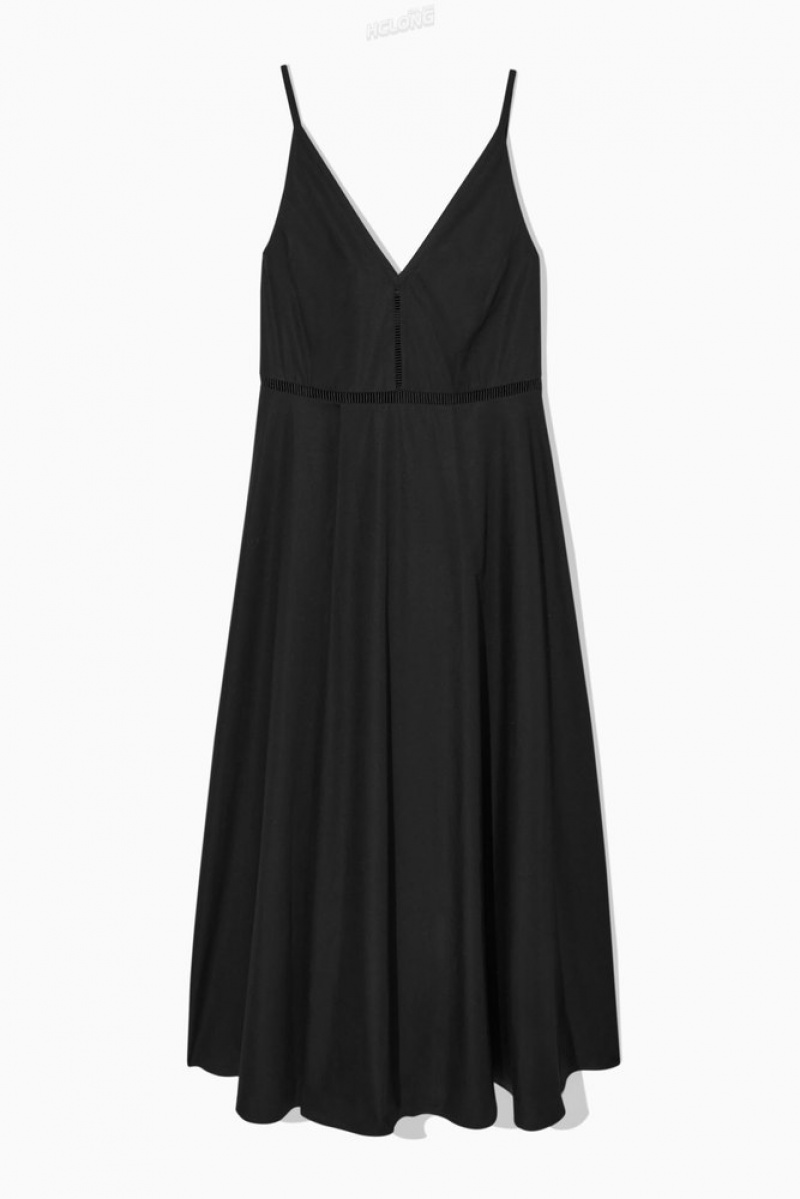 Black COS V-Neck Midi Slip Dress Dresses | UV99-Y1KJ