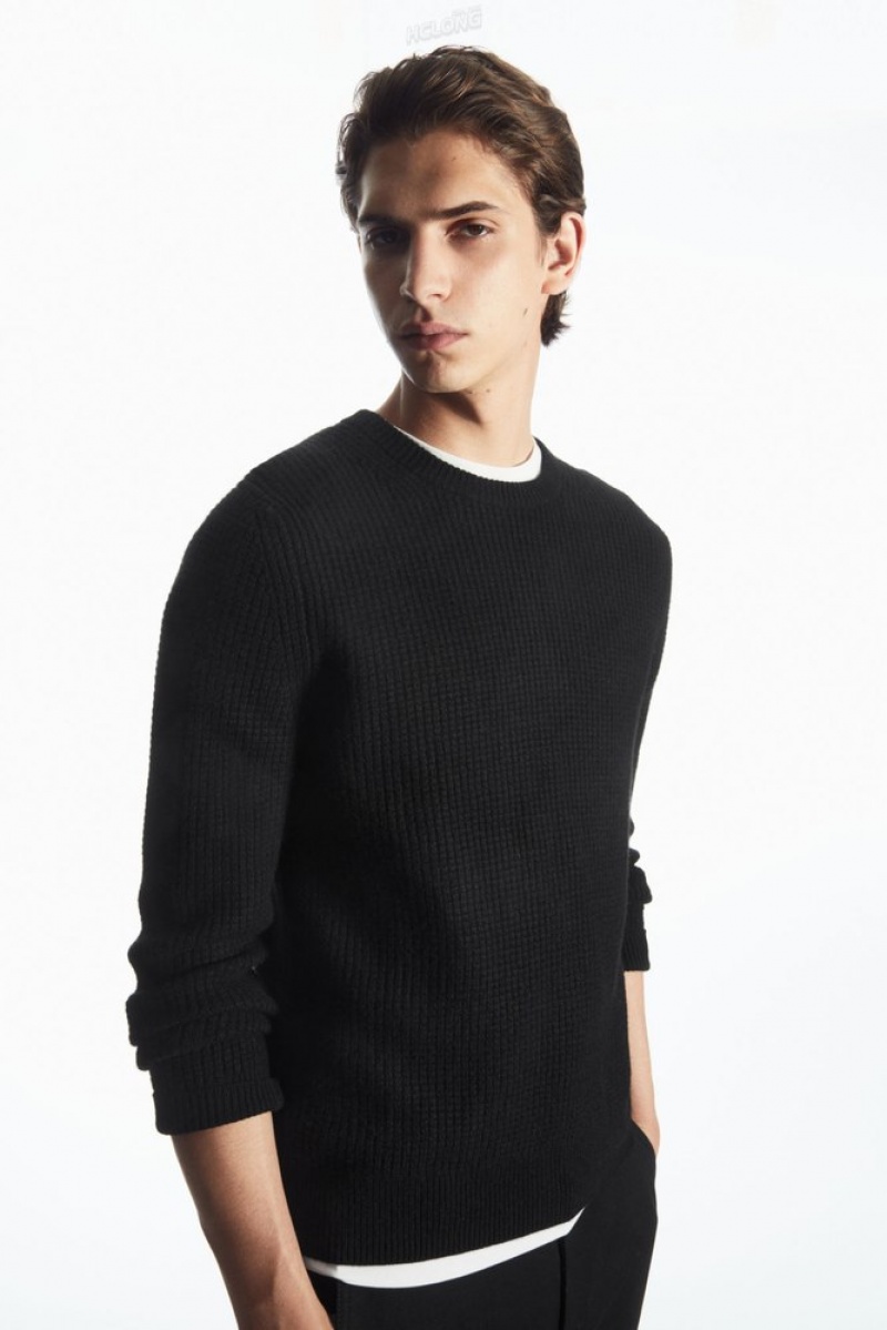 Black COS Waffle-Knit Pure Cashmere Jumper Knitwear | IE84-A6YV