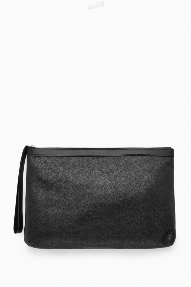 Black COS Zipped Folio Pouch - Grained Leather Bags & Wallets | SZ17-S8BC