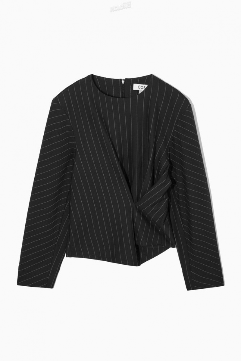 Black / Pinstriped COS Pinstriped Draped Top Tops | CI85-T6JR