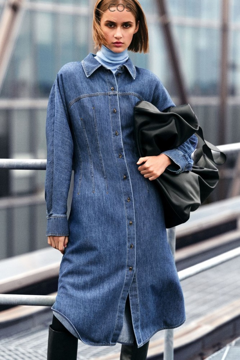 Blue COS Oversized Waisted Denim Shirt Dress Dresses | MQ32-E5ES