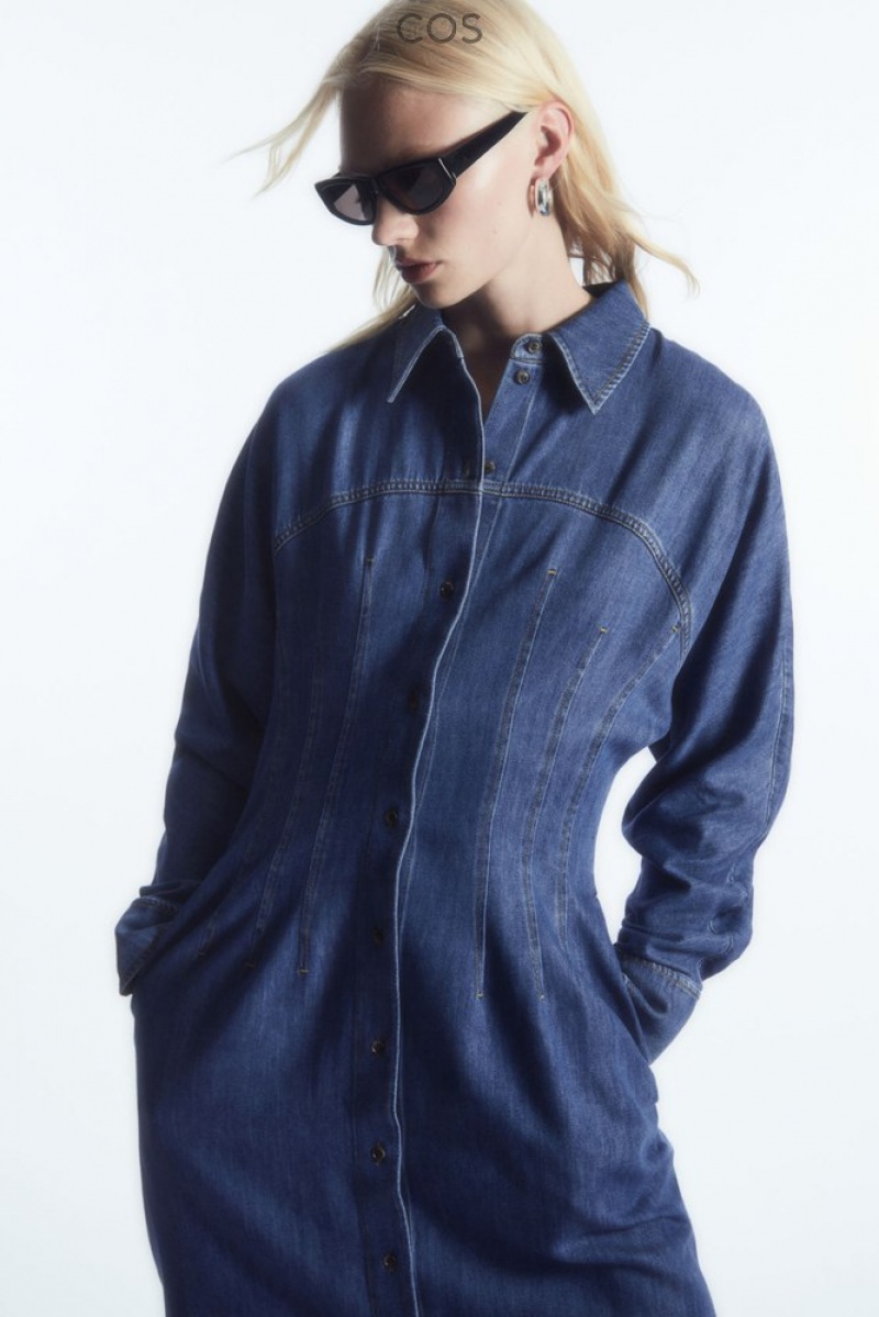 Blue COS Oversized Waisted Denim Shirt Dress Dresses | MQ32-E5ES