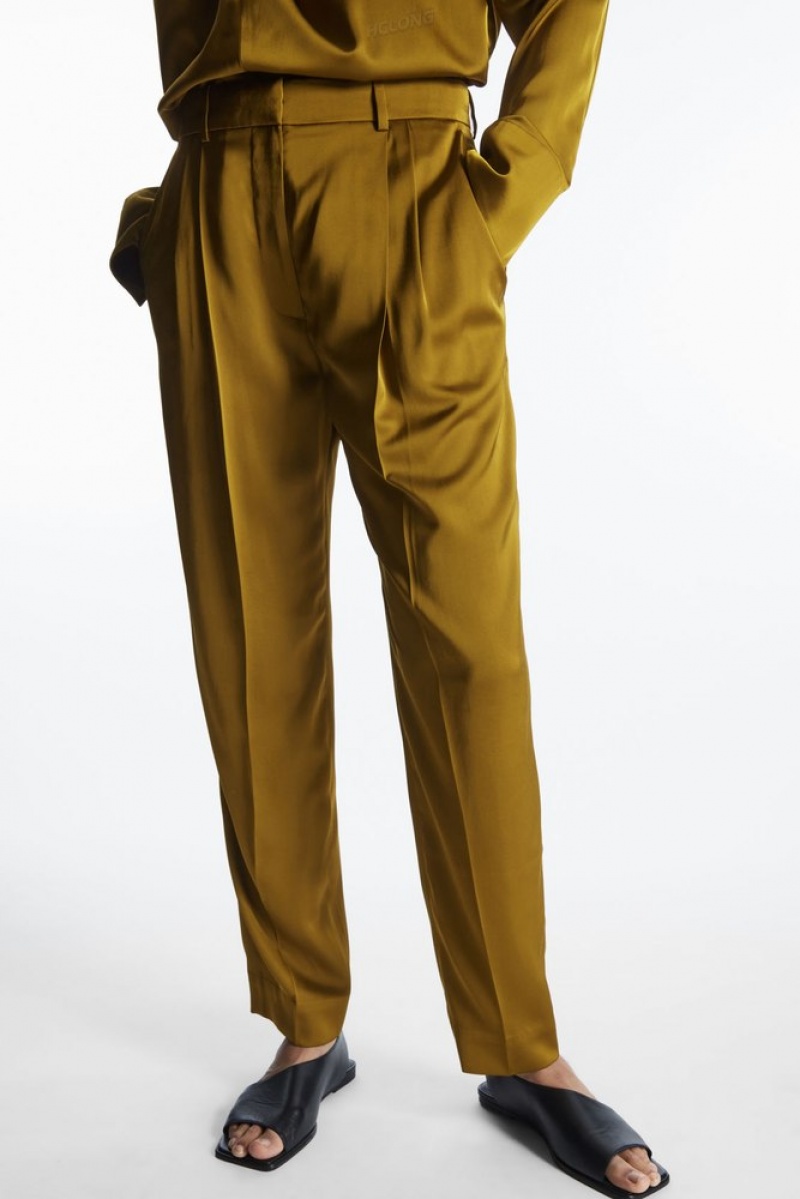 Brown COS Straight-Leg Pleated Satin Trousers Trousers | DN12-K4NG