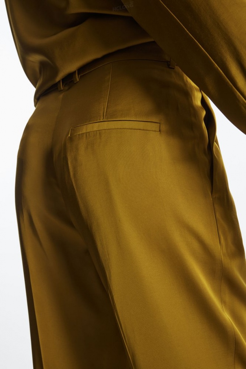 Brown COS Straight-Leg Pleated Satin Trousers Trousers | DN12-K4NG