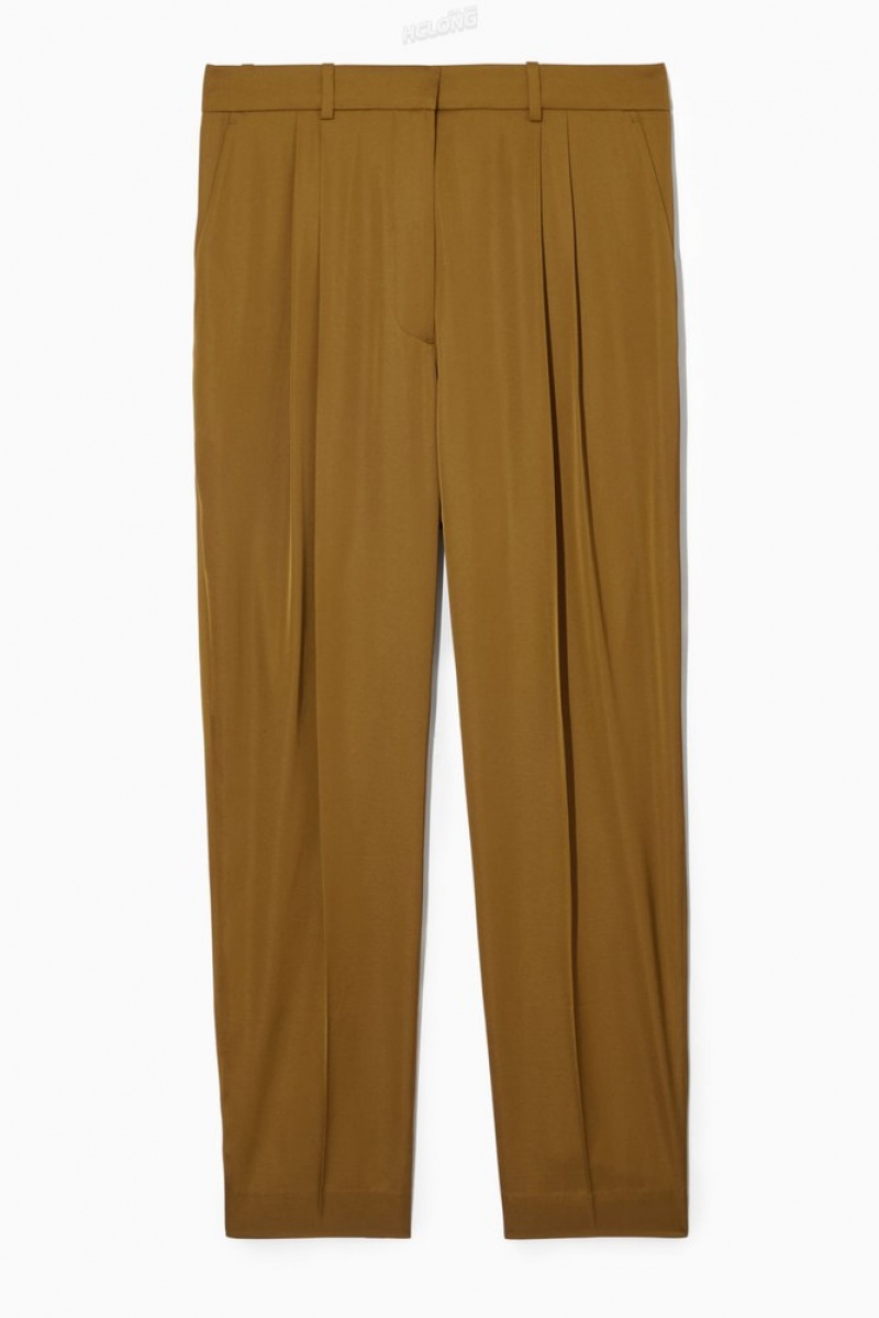 Brown COS Straight-Leg Pleated Satin Trousers Trousers | DN12-K4NG