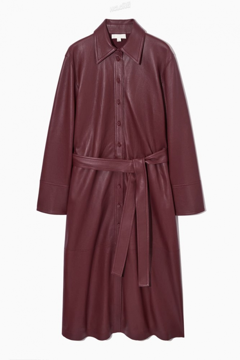 Burgundy COS Belted Leather Midi Shirt Dress Dresses | WF61-L0SF