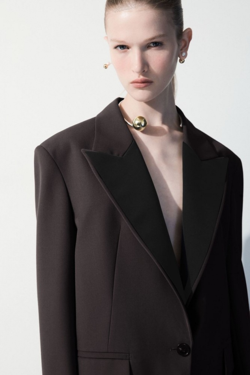 Dark Brown COS The Satin-Lapel Tuxedo Jacket Blazers & Tailoring | KY27-B4XW