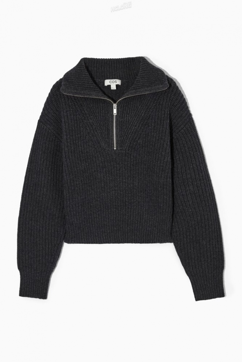 Dark Grey MéLange COS Half-Zip Funnel-Neck Wool Jumper Knitwear & Cardigans | GP89-V1CE