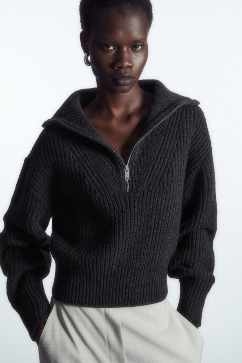 Dark Grey MéLange COS Half-Zip Funnel-Neck Wool Jumper Knitwear & Cardigans | GP89-V1CE