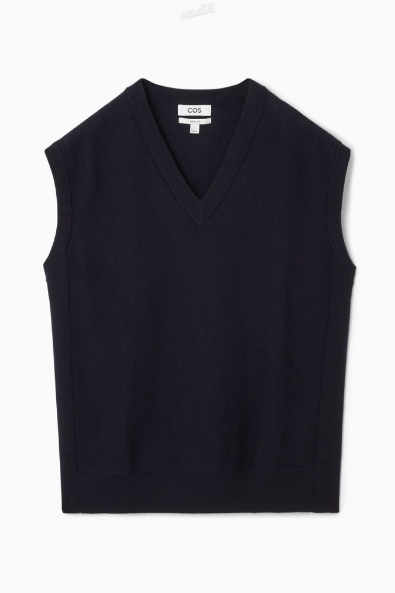 Dark Navy COS V-Neck Boiled-Wool Vest Sweaters & Cardigans | JU65-D3KY