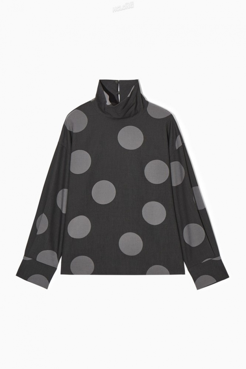 Gray / Polka-Dot COS Polka-Dot Deconstructed High-Neck Blouse Shirts & Blouses | LI99-W1CJ