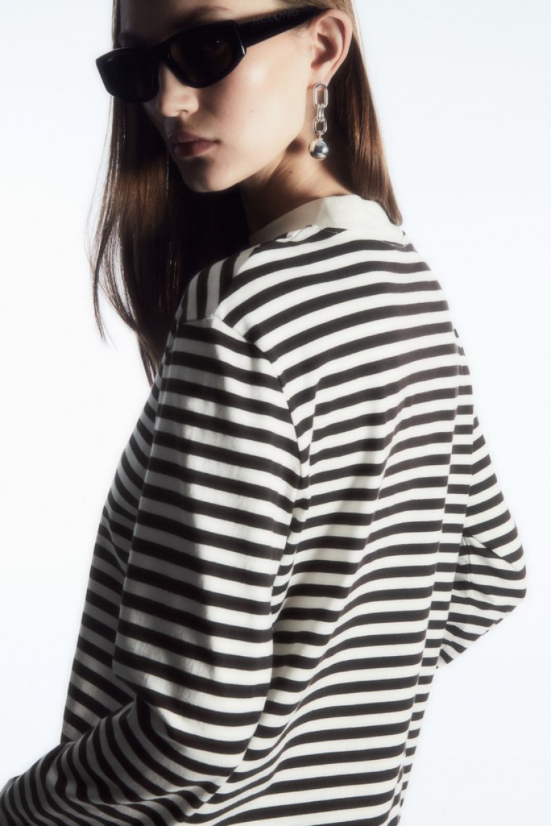 Green / Striped COS Long-Sleeved Mock-Neck T-Shirt T-shirts | PA20-J4NQ