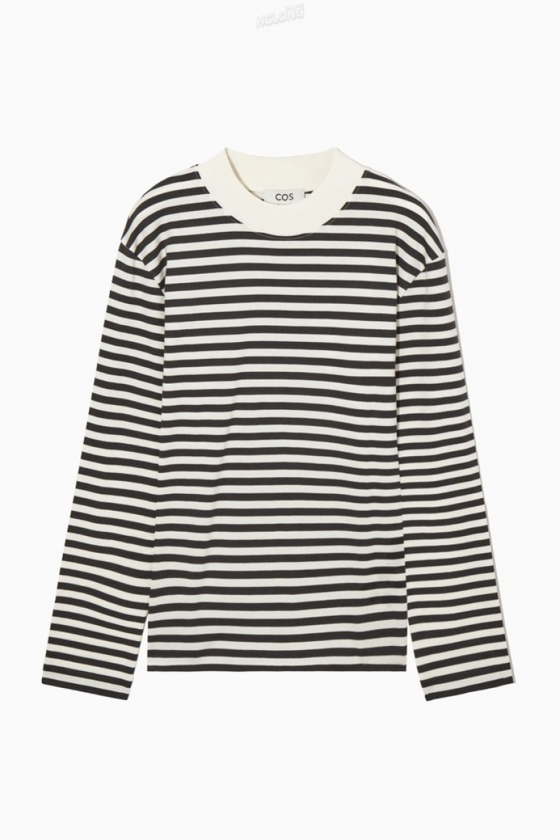 Green / Striped COS Long-Sleeved Mock-Neck T-Shirt T-shirts | PA20-J4NQ