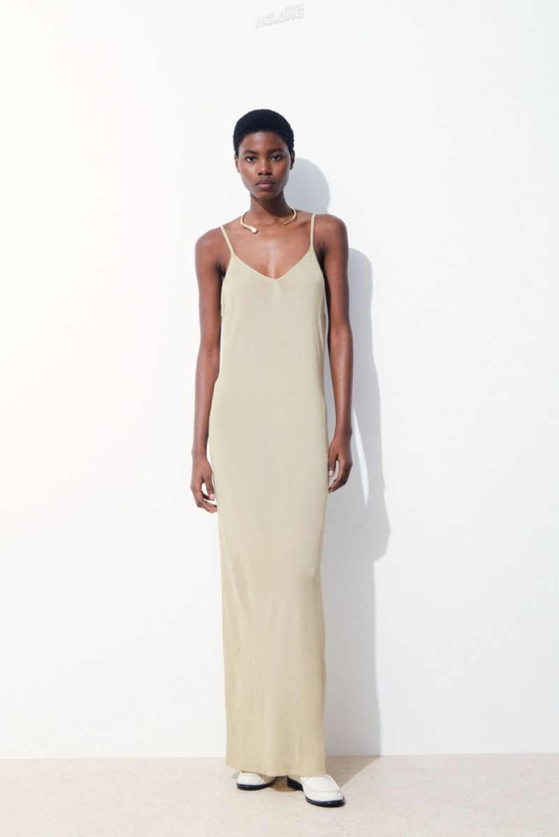 Light Beige COS The Sheer Knitted Slip Dress Dresses | MM16-Z2EM